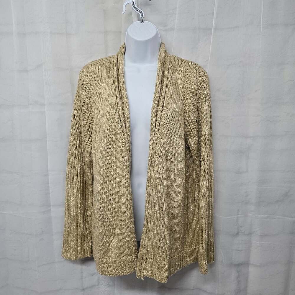 Chico's Ellie Ease Cardigan Tan Metallic Open Classic Holiday Knit Sweater 2 (L)